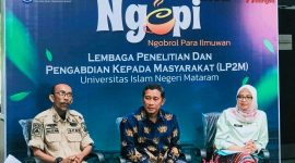 Kepala Bappeda Provinsi NTB Baiq Nelly Yuniarti, AP., M.Si., saat menjadi narasumber dalam kegiatan Ngopi (Ngobrol Para Ilmuan) LP2M UIN Mataram dengan tema dampak perubahan iklim dan kenaikan muka air laut terhadap wilayah pesisir NTB, di Gedung Research Center UIN Mataram, Kamis (15/1/2026).
