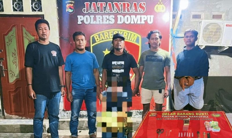 Petugas Polres Dompu mengamankan terduga pelaku beserta barang bukti dalam pengungkapan kasus pemanahan terhadap pelajar dan tindak pidana narkotika jenis sabu di wilayah Kabupaten Dompu, NTB.