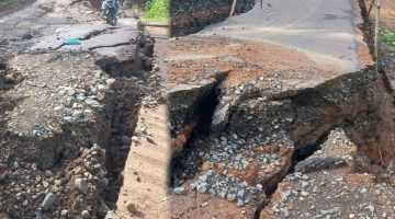 Kondisi Jalan Provinsi Parado-Tente di Kecamatan Parado, Kabupaten Bima, yang amblas hingga 100 meter dan menghambat aktivitas warga.