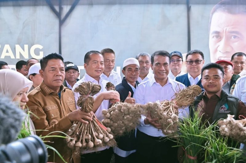 Menteri Pertanian Andi Amran Sulaiman bersama Gubernur NTB Lalu Muhamad Iqbal saat meninjau sentra bawang putih di Sembalun, Lombok Timur.