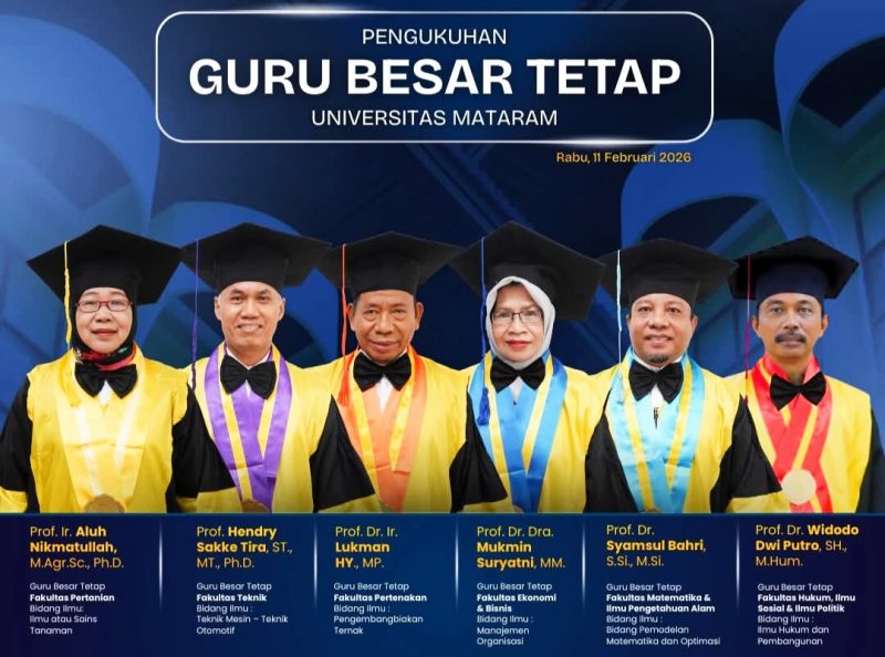 Enam Guru Besar Tetap Universitas Mataram (Unram) yang resmi dikukuhkan melalui Sidang Senat Terbuka, yakni Prof. Ir. Aluh Nikmatullah, M.Agr.Sc., Ph.D.; Prof. Hendry Sakke Tira, S.T., M.T., Ph.D.; Prof. Dr. Ir. Lukman HY, M.P.; Prof. Dr. Dra. Hj. Mukmin Suryatni, M.M.; Prof. Dr. Syamsul Bahri, S.Si., M.Si.; dan Prof. Dr. Widodo Dwi Putro, S.H., M.Hum., Rabu (11/2/2026) di Rektorat Unram.
