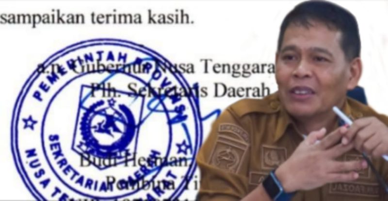 Lalu Moh Faozal dengan latar dokumen surat resmi yang memuat bukti tanda tangan Pelaksana Harian (Plh) Sekretaris Daerah NTB, Budi Herman, usai pergantian jabatan di lingkungan Pemerintah Provinsi NTB.