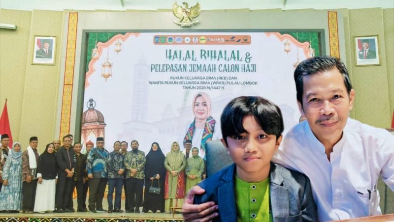 Ketua RKB Pulau Lombok bersama Wakil Gubernur NTB dan Qori cilik juara internasional serta ribuan warga Bima saat menghadiri Halalbihalal RKBPL di Auditorium UIN Mataram, Minggu (19/4/2026).