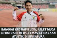 Yad Hafizuddin, atlet asal Lombok Timur sekaligus mahasiswa Universitas Hamzanwadi, usai meraih medali emas nomor 1500 meter di ajang Singapore Open 2026 di Singapura.
