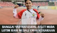 Yad Hafizuddin, atlet asal Lombok Timur sekaligus mahasiswa Universitas Hamzanwadi, usai meraih medali emas nomor 1500 meter di ajang Singapore Open 2026 di Singapura.