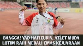 Yad Hafizuddin, atlet asal Lombok Timur sekaligus mahasiswa Universitas Hamzanwadi, usai meraih medali emas nomor 1500 meter di ajang Singapore Open 2026 di Singapura.