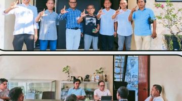 Ketua Bawaslu NTB Itratip bersama Direktur WALHI NTB Amri Nuryadin saat melakukan diskusi terkait pemilu ramah lingkungan dan wacana E-Voting di Mataram.