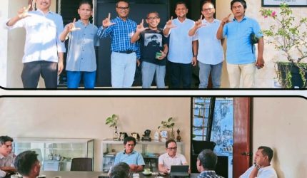 Ketua Bawaslu NTB Itratip berdiskusi dengan Direktur WALHI NTB Amri Nuryadin mengenai wacana E-Voting dan pemilu ramah lingkungan di Mataram.
