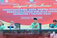 Ketua KPU NTB M. Khuwailid bersama jajaran saat rapat koordinasi pemutakhiran data partai politik melalui SIPOL di Kantor KPU NTB.