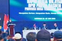 Ketua DPD Partai NasDem Kabupaten Lombok Timur, Nurhasanah, S.Kep, menyampaikan laporan organisasi dalam Rakerwil DPW Partai NasDem NTB dan Pelantikan Pengurus DPD Partai NasDem se-NTB di Hotel Golden Palace, Mataram, Jumat (26/6/2026).