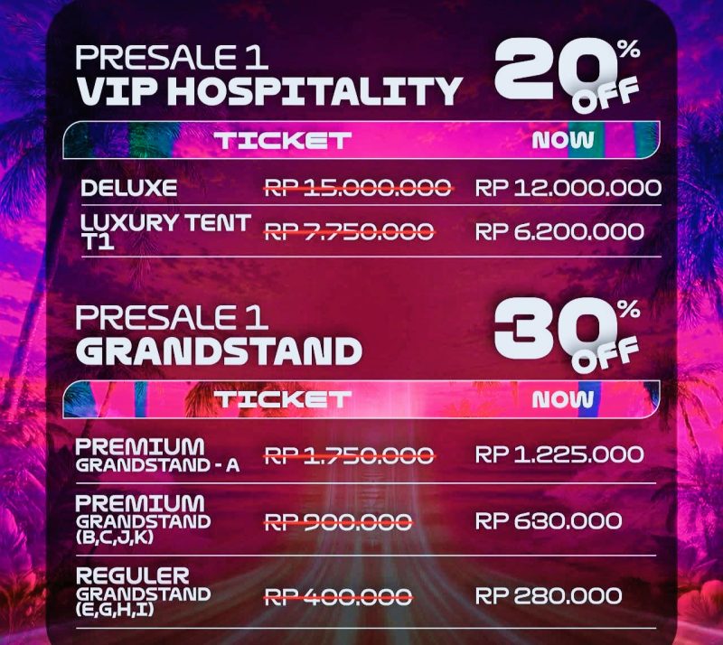 Daftar harga tiket Pertamina Grand Prix of Indonesia 2026 di Sirkuit Mandalika. Seluruh tiket Early Bird telah habis terjual dalam waktu kurang dari sepekan, sementara penjualan Presale 1 resmi dibuka dengan potongan harga hingga 30 persen untuk kategori Grandstand dan 20 persen untuk kategori VIP Hospitality.