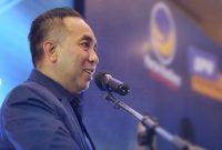 Ketua DPW Partai NasDem NTB H. Mori Hanafi saat menyampaikan sambutan dalam Rapat Kerja Wilayah (Rakerwil) DPW Partai NasDem NTB di Ballroom Hotel Golden Palace Mataram, Jumat (26/6/2026), di hadapan pengurus dan kader NasDem se-NTB.