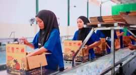 Proses produksi air minum dalam kemasan Narmada di pabrik PT Narmada Awet Muda. Para pekerja terlihat melakukan pengemasan dan memasukkan botol air mineral ke dalam boks sebagai bagian dari persiapan distribusi untuk mendukung penyelenggaraan MotoGP Mandalika 2026.
