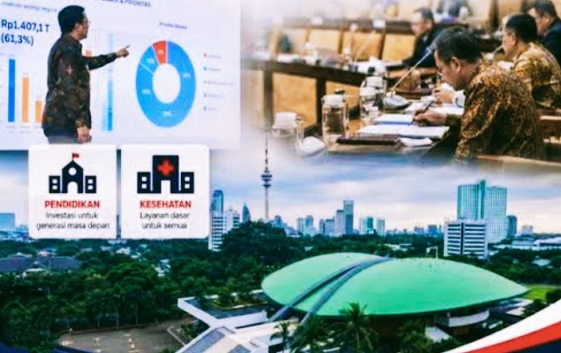 Ilustrasi konstitusi, dokumen Anggaran Pendapatan dan Belanja Negara (APBN), serta simbol pendidikan sebagai representasi hubungan antara politik anggaran, kebijakan publik, dan amanat konstitusi dalam mewujudkan Negara hukum yang berkeadilan.