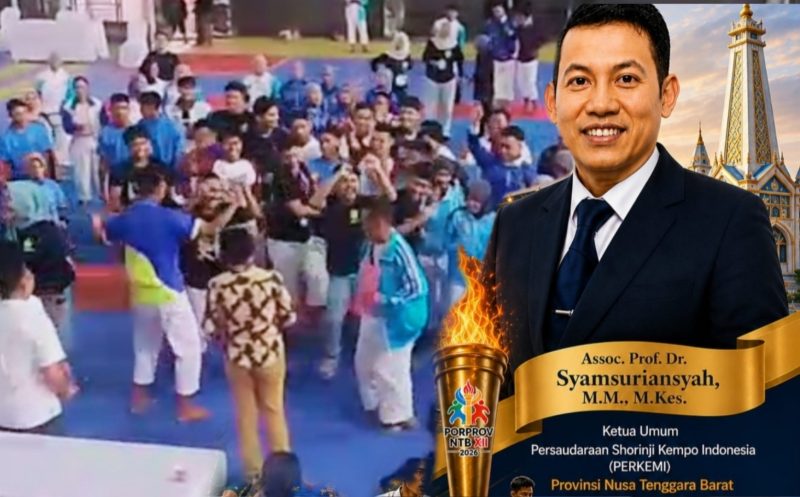 Ketua Umum PERKEMI NTB Assoc. Prof. Dr. Syamsuriansyah bersama atlet, wasit, dan panitia usai pertandingan hari kedua cabang olahraga Shorinji Kempo Porprov XII NTB 2026 di GOR 17 Desember Turida, Kota Mataram.
