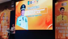 Gubernur NTB Lalu Muhamad Iqbal menyampaikan sambutan pada Pelantikan Pengurus DPD Partai Hanura NTB dan DPC Hanura 10 Kabupaten/Kota di Ballroom Rinjani Hotel Lombok Raya, Mataram, Sabtu (1/8/2026).
