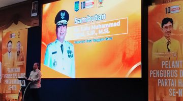 Gubernur NTB Lalu Muhamad Iqbal menyampaikan sambutan pada Pelantikan Pengurus DPD Partai Hanura NTB dan DPC Hanura 10 Kabupaten/Kota di Ballroom Rinjani Hotel Lombok Raya, Mataram, Sabtu (1/8/2026).