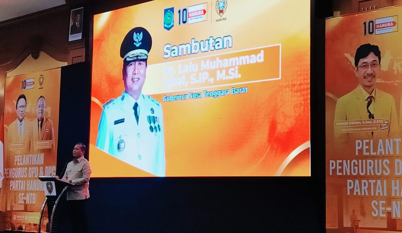 Gubernur NTB Lalu Muhamad Iqbal menyampaikan sambutan pada Pelantikan Pengurus DPD Partai Hanura NTB dan DPC Hanura 10 Kabupaten/Kota di Ballroom Rinjani Hotel Lombok Raya, Mataram, Sabtu (1/8/2026).