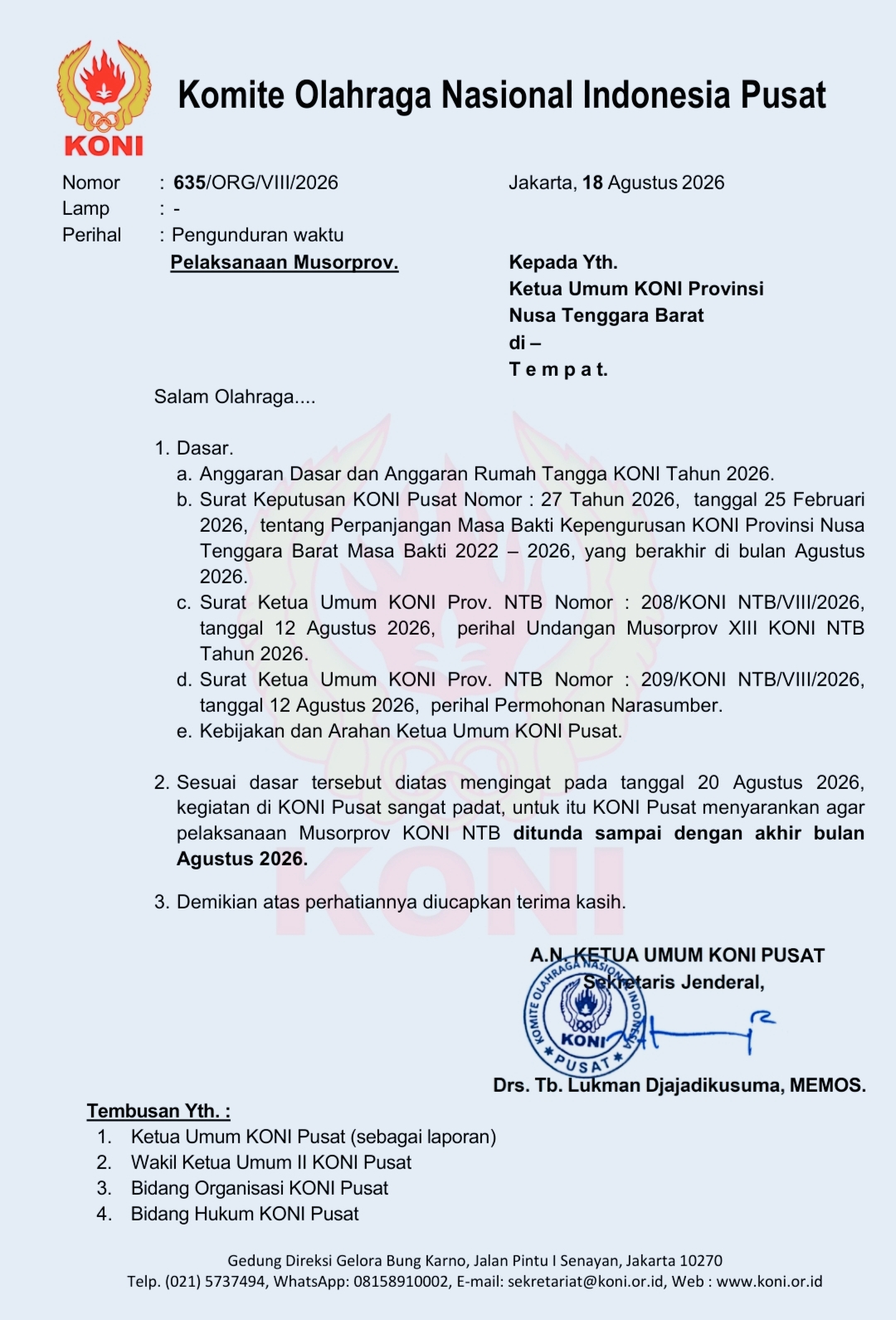 Surat KONI Pusat tentang saran penundaan Musorprov KONI NTB hingga akhir Agustus 2026