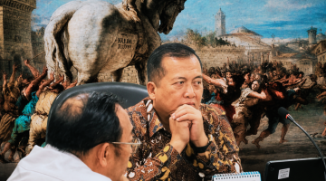 Gubernur NTB Lalu Muhamad Iqbal Dengan Latar Ilustrasi Kuda Troya, Menggambarkan Sorotan Mi6 Terhadap dDnamika Pencalonan Ketua KONI NTB periode 2026-2030.