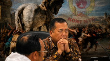 Gubernur NTB Lalu Muhamad Iqbal dengan latar ilustrasi Kuda Troya, Menggambarkan Sorotan Mi6 terhadap Dinamika Pencalonan Ketua KONI NTB Periode 2026-2030.