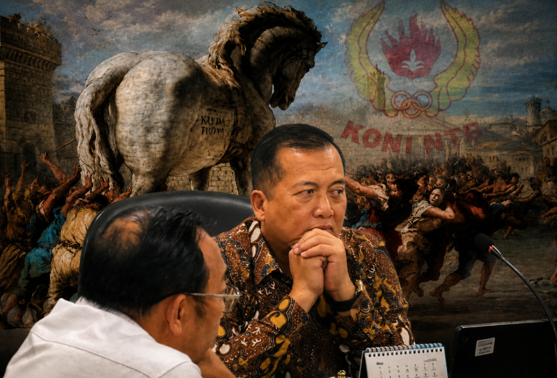 Gubernur NTB Lalu Muhamad Iqbal dengan latar ilustrasi Kuda Troya, Menggambarkan Sorotan Mi6 terhadap Dinamika Pencalonan Ketua KONI NTB Periode 2026-2030.