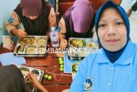 Relawan Satuan Pelayanan Pemenuhan Gizi (SPPG) MBG Desa Bara, Kecamatan Woja, Kabupaten Dompu, Mihra, Serta Siswa Sekolah Saat Menyantap Nasi Program Makan Bergizi Gratis (MBG).